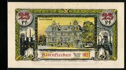 Notgeld Altenkirchen / Westerwald 1921, 25 Pf, Schloss Friedewald und Wappen mit Löwe