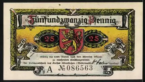 Notgeld Altenkirchen / Westerwald 1921, 25 Pf, Schloss Friedewald und Wappen mit Löwe