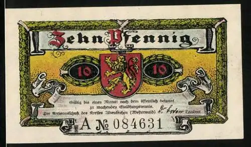 Notgeld Altenkirchen, 1921, 10 Pfennig, Schloss Crottorf, Löwenwappen, Seriennummer 084631