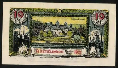 Notgeld Altenkirchen, 1921, 10 Pfennig, Schloss Crottorf, Löwenwappen, Seriennummer 084631