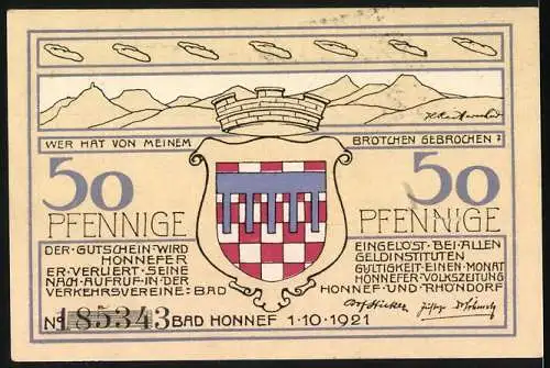 Notgeld Bad Honnef am Rhein, 1921, 50 Pfennige, Landschaftsansicht Rommersdorf und Stadtwappen