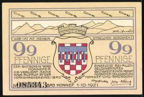 Notgeld Bad Honnef 1921, 99 Pfennig, Alte Kapelle und Dorfeingang in Rhöndorf