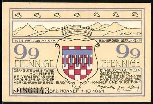 Notgeld Bad Honnef, 1921, 99 Pfennige, mit Stadtwappen und Landschaftszeichnung, Seriennummer 086343