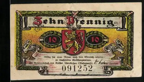 Notgeld Altenkirchen 1921, 10 Pfennig, Zehn Pfennig, Schloss Crottorf, Seriennummer 091252