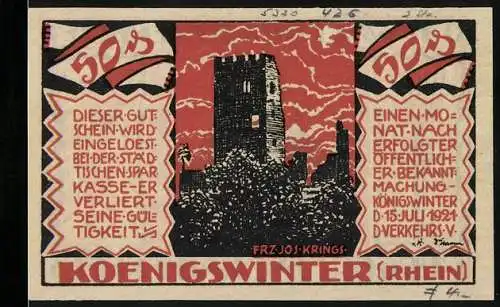 Notgeld Königswinter (Rhein), 1921, 50 Pfennig, Burg Drachenfels und Graf von Walpott von Bassenheim