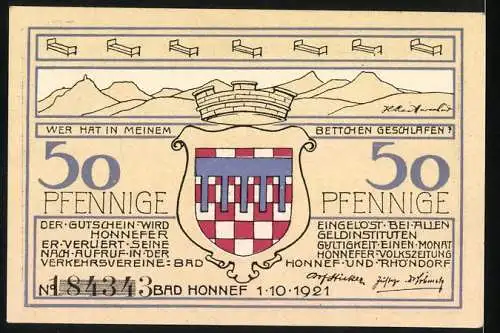 Notgeld Bad Honnef 1921, 50 Pfennig, Rhöndorf am Rhein, Strandbad Drachenfels und Stadtwappen Bad Honnef