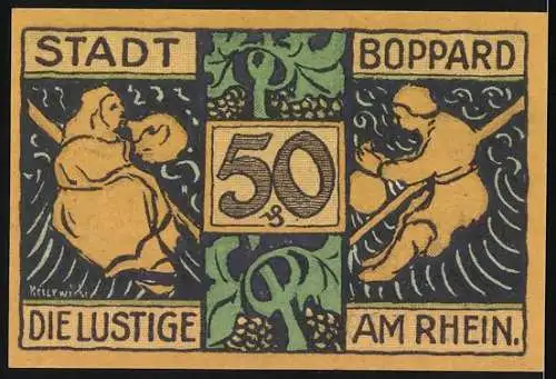 Notgeld Boppard 1921, 50 Pfennig, Stadtwappen auf Brunnen und Figuren am Rhein