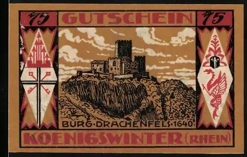 Notgeld Königswinter (Rhein), 1921, 75 Pfennig, Burg Drachenfels 1640 Illustrationen, Rückseite mit Burg und Text