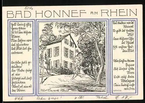 Notgeld Bad Honnef am Rhein, 1921, 99 Pfennige, Hausansicht mit Gedichten und Wappen, Seriennummer 087343