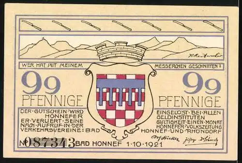 Notgeld Bad Honnef am Rhein, 1921, 99 Pfennige, Hausansicht mit Gedichten und Wappen, Seriennummer 087343