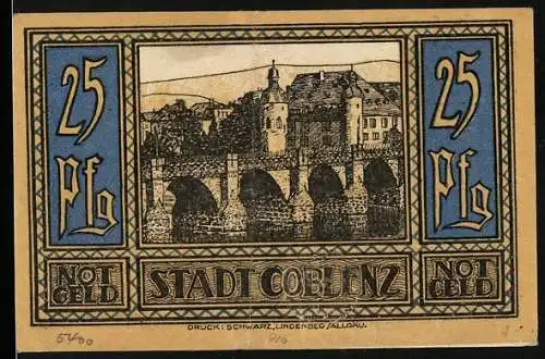 Notgeld Coblenz, 1921, 25 Pf, Stadtansicht mit Brücke, Rückseite mit Wappen und Text