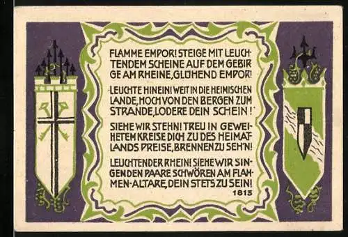 Notgeld Königswinter 1921, 50 Pfennig, Denkmal der Volkserhebung auf Drachenfels und Gedicht