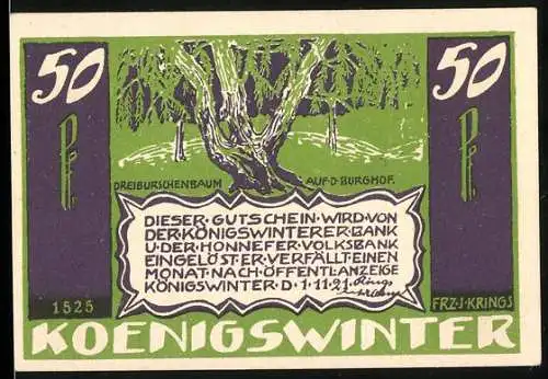 Notgeld Königswinter 1921, 50 Pfennig, Gutschein mit Dreibuschenbaum und Gedicht von Ludw. Uhland