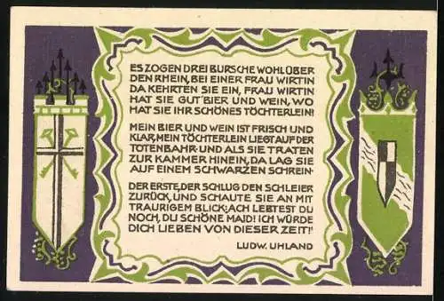 Notgeld Königswinter 1921, 50 Pfennig, Gutschein mit Dreibuschenbaum und Gedicht von Ludw. Uhland