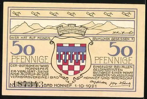 Notgeld Bad Honnef am Rhein, 1921, 50 Pfennig, Landschaftsillustration und Wappen mit Text