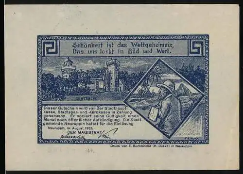 Notgeld Neuruppin, 1921, 50 Pfennig, Schloss, Bauer mit Pflug und Pferden