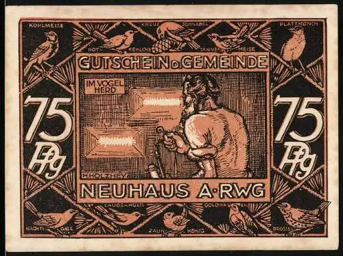 Notgeld Neuhaus a. Rennweg, 1921, 75 Pfennig, Motiv mit Vogelherd und Waldhaus