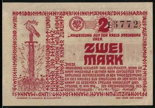 Notgeld Itzehoe, 1918, Zwei Mark, Adler auf Schwert und dekorative Muster