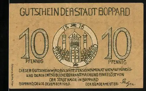 Notgeld Boppard, 1920, 10 Pfennig, Stadt Boppard mit Stadtmauer und Tor