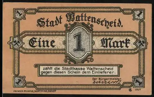 Notgeld Wattenscheid, 1921, 1 Mark, Bergarbeiter im Stollen