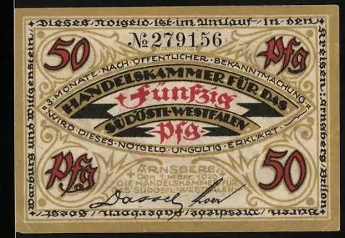 Notgeld Arnsberg 1920, 50 Pfennig, Handelskammer für das Südöstl. Westfalen mit Pferdemotiv