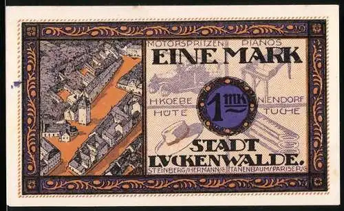 Notgeld Luckenwalde 1921, 1 Mark, Stadtansicht und Wappen mit Pelikan