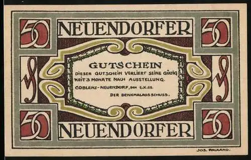 Notgeld Coblenz-Neuendorf, 1921, 50 Pfennig, Gedenkgutschein mit Denkmal und Inschrift Treu den Toten