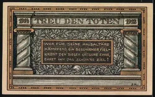 Notgeld Coblenz-Neuendorf, 1921, 50 Pfennig, Gedenkgutschein mit Denkmal und Inschrift Treu den Toten