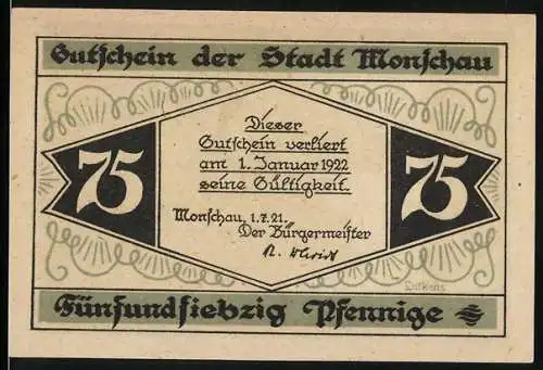 Notgeld Monschau 1921, 75 Pfennig, Gutschein der Stadt Monschau mit Burgruine und Landschaft