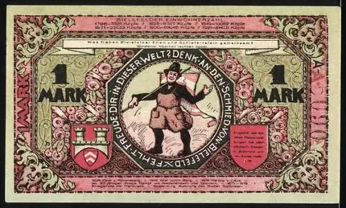 Notgeld Bielefeld 1921, 1 Mark, 700 Jahre Stadtfeier mit Wappen und Schmied Abbildung