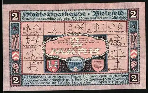 Notgeld Bielefeld, 1921, 2 Mark, Stadt-Sparkasse, Jubiläumsfeier 700 Jahre Bielefeld