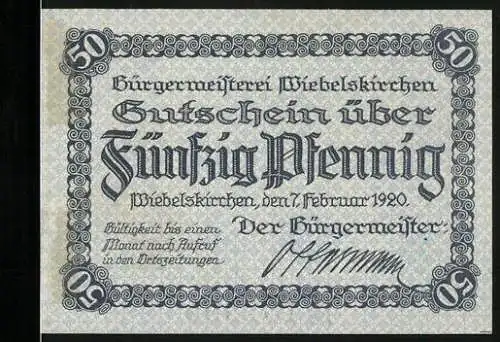 Notgeld Wiebelskirchen 1920, 50 Pfennig, Gutschein über Fünfzig Pfennig mit Stadtansicht und Brücke