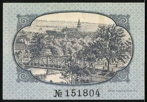 Notgeld Wiebelskirchen 1920, 50 Pfennig, Gutschein über Fünfzig Pfennig mit Stadtansicht und Brücke