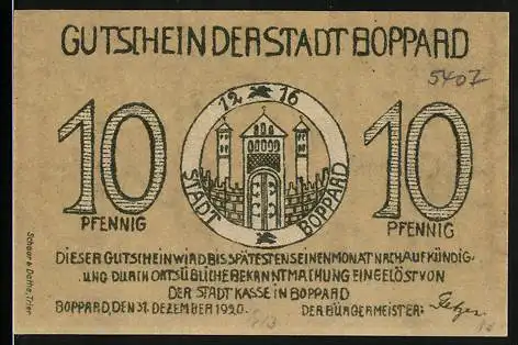 Notgeld Boppard, 1920, 10 Pfennig, Stadtansicht mit Torbogen und Bäumen