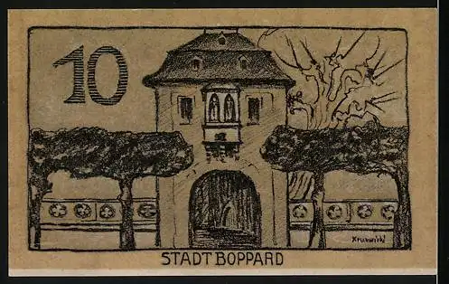 Notgeld Boppard, 1920, 10 Pfennig, Stadtansicht mit Torbogen und Bäumen