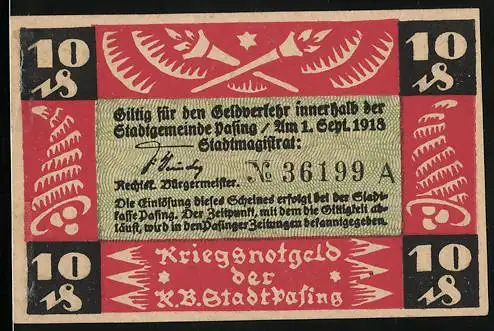 Notgeld Pasing 1918, 10 Pfennig, Kriegsnotgeld der Stadt, dekorative Symbole und Stadtwappen