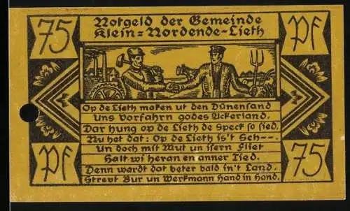 Notgeld Klein-Nordende-Lieth, 1921, 75 Pfennig, Landarbeiter und Bauer mit Traktor und Heugabel, Text in plattdeutsch