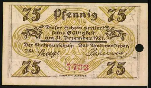 Notgeld Klein-Nordende-Lieth, 1921, 75 Pfennig, Landarbeiter und Bauer mit Traktor und Heugabel, Text in plattdeutsch