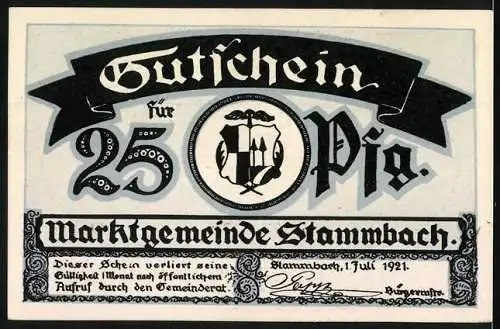 Notgeld Stammbach, 1921, 25 Pf, Vereinshaus und Aussichtsturm Illustration