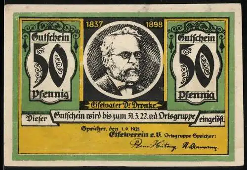 Notgeld Speicher 1921, 50 Pfennig, Bild von Dr. Dronke und Dorfansicht Bollendorf