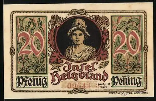 Notgeld Helgoland, 1921, 20 Pfennig, Frau in Tracht und Wappen mit Mann und Kreuz