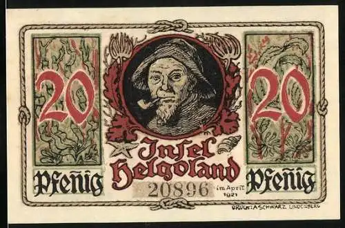 Notgeld Helgoland 1921, 20 Pfennig, Mann mit Pfeife und Heiligenmotiv, Seriennummer 20896