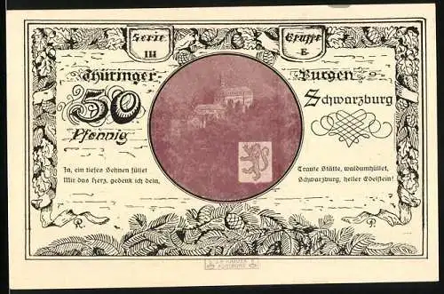 Notgeld Leuchtenburg / Saale 1921, 50 Pfennig, Schwarzburg, Burgansicht und Wappen