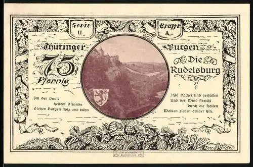 Notgeld Leuchtenburg / Saale 1921, 75 Pfennig, Vorderseite mit Burgansicht Rudelsburg, und Rückseite mit Löwenwappen