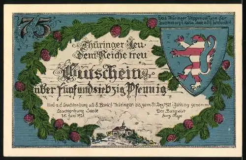 Notgeld Leuchtenburg / Saale 1921, 75 Pfennig, Vorderseite mit Burgansicht Rudelsburg, und Rückseite mit Löwenwappen