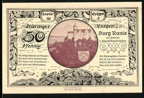 Notgeld Leuchtenburg / Saale 1921, 50 Pfennig, Burg Ranis und Thüringer Löwe mit Wappen und Landschaft