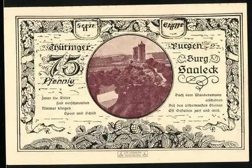 Notgeld Leuchtenburg / Saale 1921, 75 Pfennig, Burg Saaleck-Abbildung mit Wappen und Landschaft