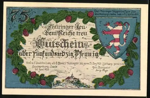 Notgeld Leuchtenburg / Saale 1921, 75 Pfennig, Burg Saaleck-Abbildung mit Wappen und Landschaft