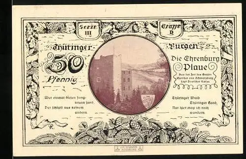 Notgeld Leuchtenburg / Saale 1921, 50 Pfennig, Thüringer Wald und Ehrenburg Plauen, Wappen Thüringen