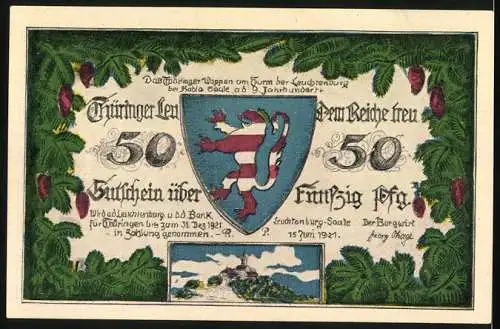 Notgeld Leuchtenburg / Saale 1921, 50 Pfennig, Thüringer Wald und Ehrenburg Plauen, Wappen Thüringen